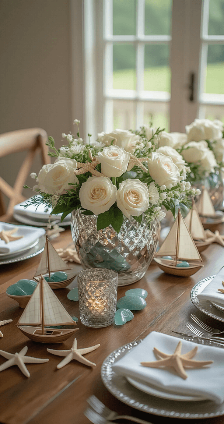 A sunlit banquet table set with a nautical centerpiece of white garden roses, starfish, sea glass, and miniature sailboats, featuring brushed silver chargers and white linens, all illuminated by natural daylight.