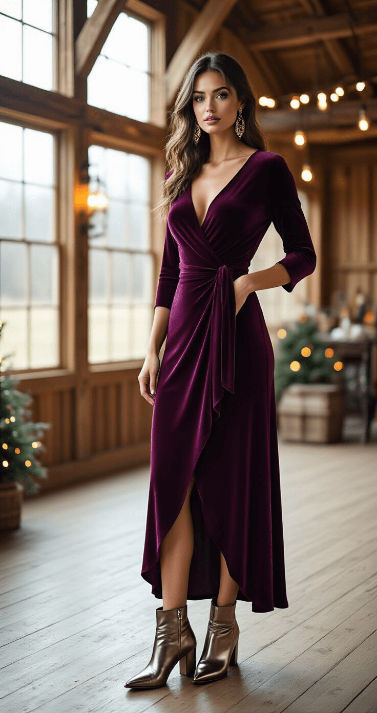 A woman in a deep plum velvet wrap dress with three-quarter sleeves and metallic heeled boots stands in a rustic-chic barn decorated for a cozy winter celebration, with warm indoor lighting and cool natural light from large windows illuminating the wooden beams and festive decor.