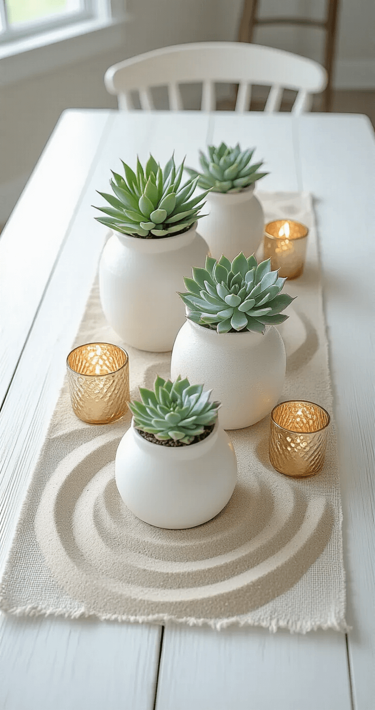 Overhead view of a minimalist coastal centerpiece on a whitewashed farmhouse table, featuring white ceramic vessels with succulents and air plants, textured sand patterns, gold-rimmed votives, ghost chairs, and a gauzy table runner.