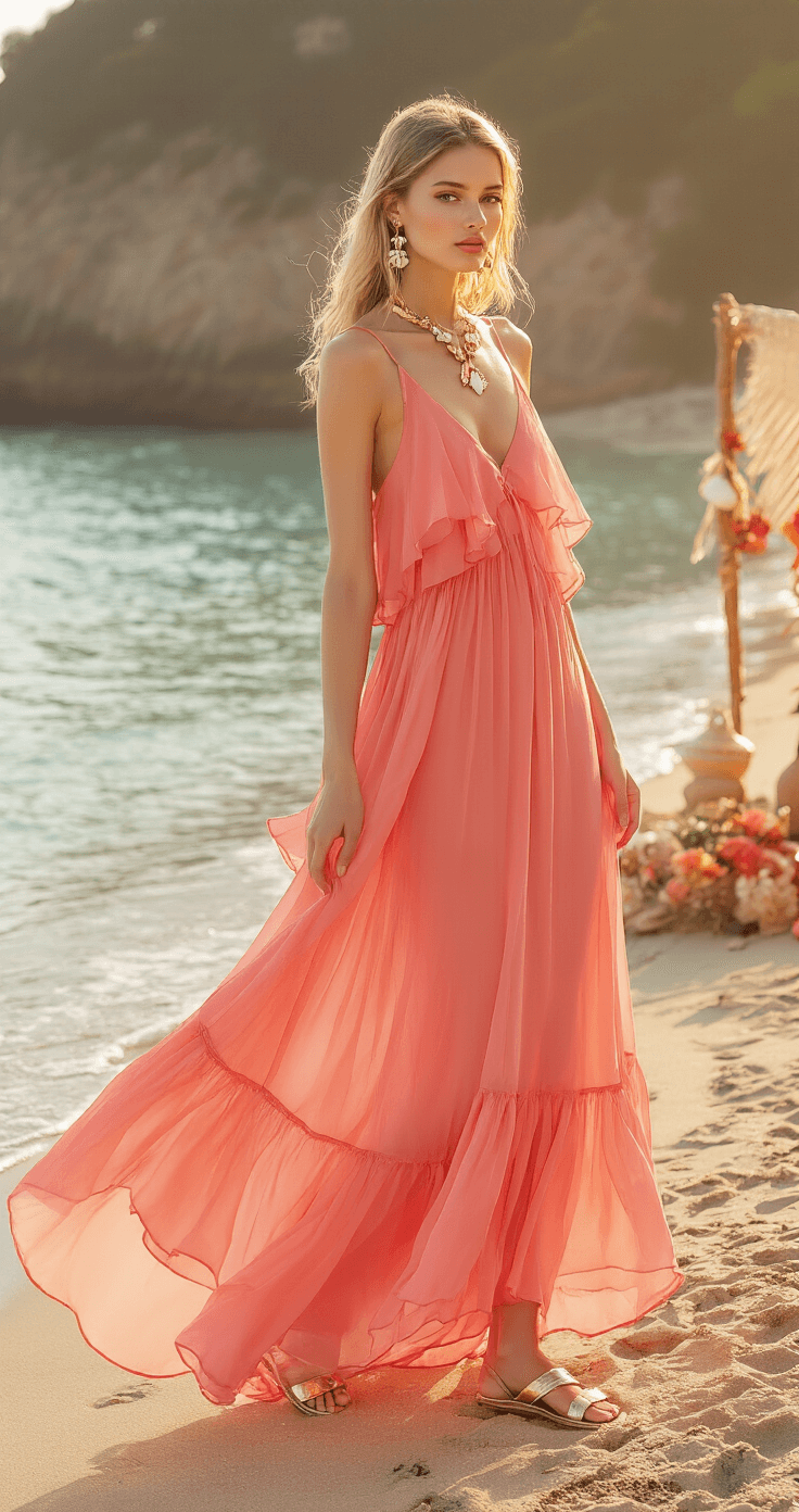 Model in a coral pink chiffon maxi dress with ruffles, metallic flat sandals, and shell-inspired jewelry, celebrating a sunset on the beach, with ocean and decorated setup in the background, captured in romantic golden hour lighting.