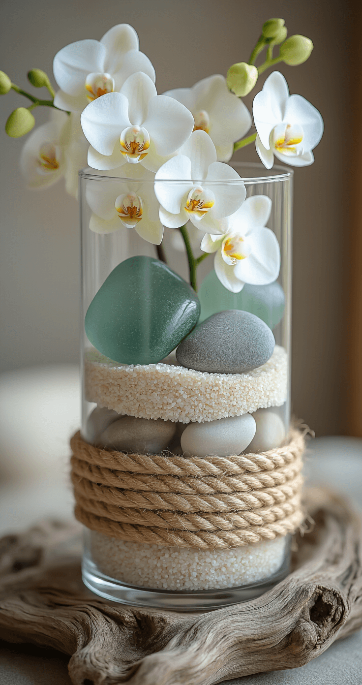 Close-up detail of a layered beach centerpiece in a clear cylinder vase, showcasing rough natural rope, smooth sea glass, and crystalline sand, with soft lighting enhancing texture transitions; complemented by weathered driftwood, white dendrobium orchids, and metallic accents.