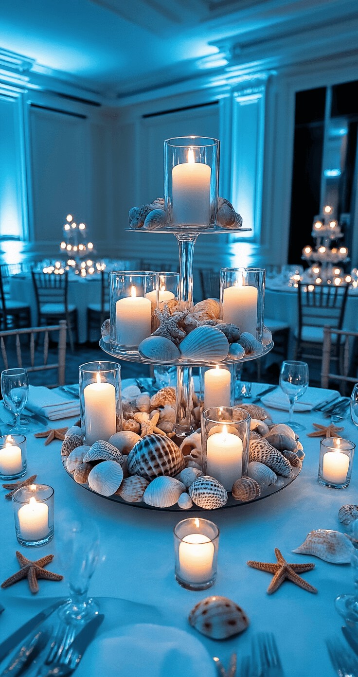 A grand ballroom at twilight featuring a three-tiered coastal centerpiece with floating candles in hurricane glasses, surrounded by shells and sea stars. Cool blue uplighting casts dramatic shadows, while warm candlelight provides an intimate glow, with surrounding tables enhancing the overall ambiance.