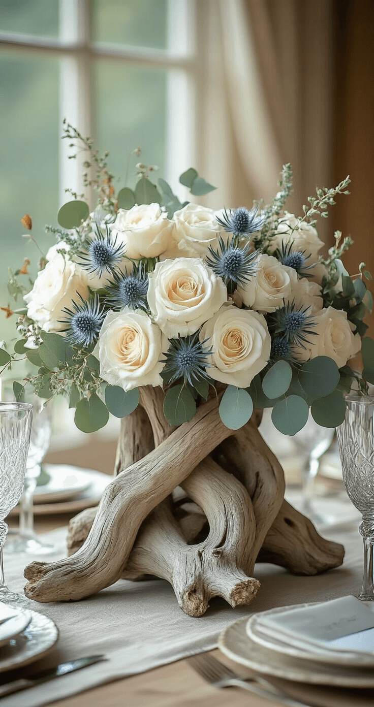 A beautifully arranged beach wedding centerpiece featuring weathered driftwood, white garden roses, pale blue thistle, and silver dollar eucalyptus, illuminated by morning light. The muted color palette includes browns, grays, and soft blues, complemented by textured chargers and vintage-inspired glassware, captured from a 45-degree angle for added dimension.