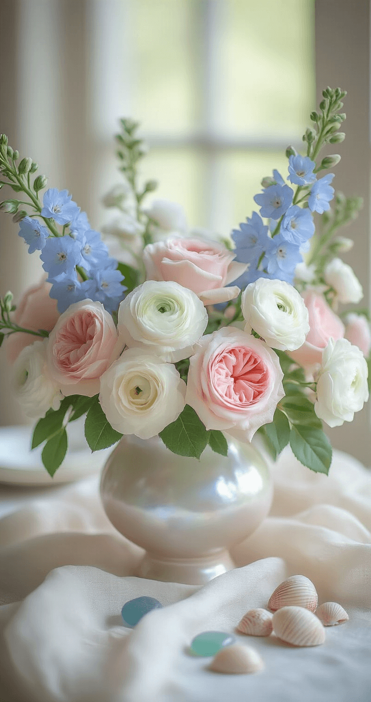 A spring coastal centerpiece featuring delicate pink garden roses, white ranunculus, and pale blue delphiniums arranged in a mother-of-pearl finished vessel, surrounded by scattered capiz shells and small clusters of sea glass, with gauzy table linens for an ethereal effect.