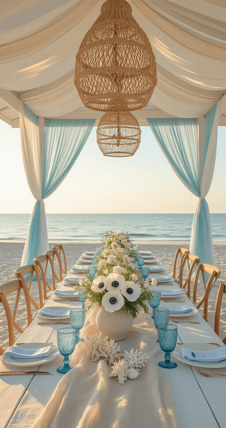 A sun-drenched beach reception pavilion during golden hour, featuring ivory draped ceilings, soft blue chiffon walls, and natural rattan chandeliers. Whitewashed farmhouse tables are adorned with centerpieces of white anemones and dusty blue sea holly in weathered ceramic vessels, complemented by sand-colored linen runners and blue-tinted glassware. Organic coral and shell accents are scattered throughout, captured from the entrance to emphasize depth and natural light.