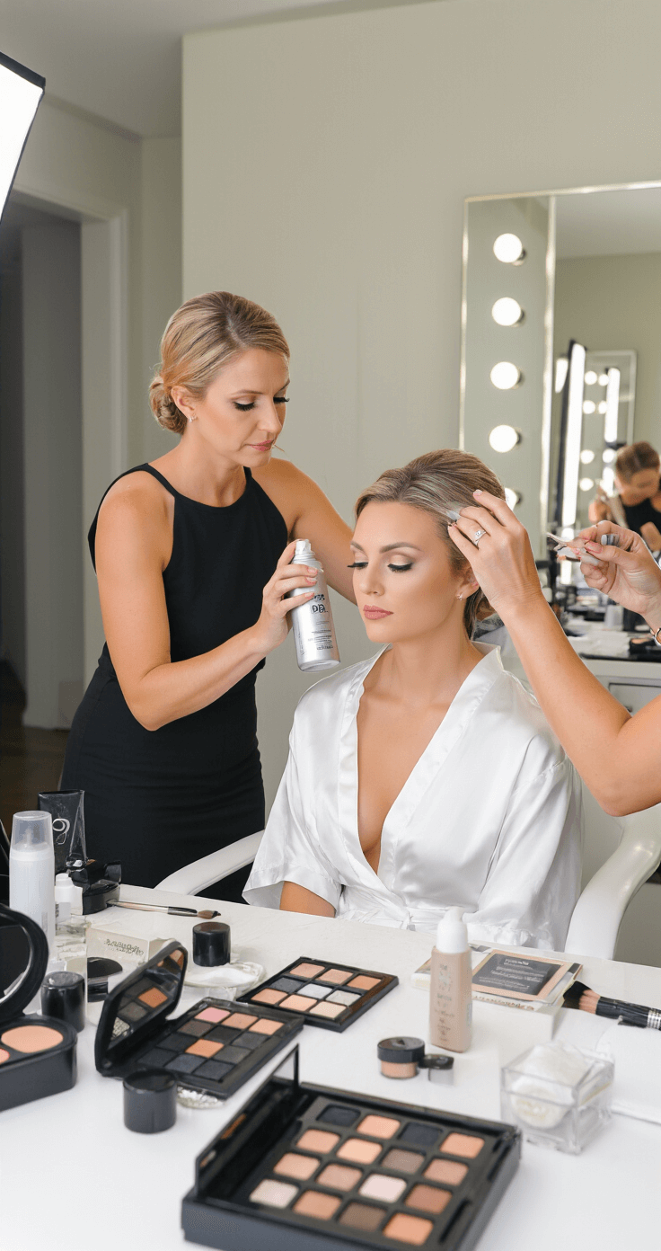 Winter Wedding Makeup Magic: Your Complete Guide to Looking Flawless A bright, modern bridal suite featuring a wide shot of a professional makeup artist applying setting spray. The scene is illuminated by natural light and studio lighting, showcasing an organized array of high-end beauty products, an emergency touch-up kit, and personal items.