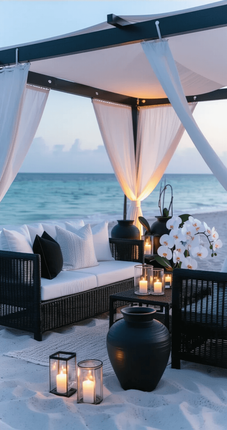A low-angle view of a sophisticated beachfront lounge setup featuring modern black rattan furniture, a white canvas cabana, and minimalist décor with black pottery and white orchids, enhanced by textured white pillows and black ropes. Uplighting casts dramatic shadows, and glass lanterns with floating candles line the space, all captured during blue hour to showcase the horizon.