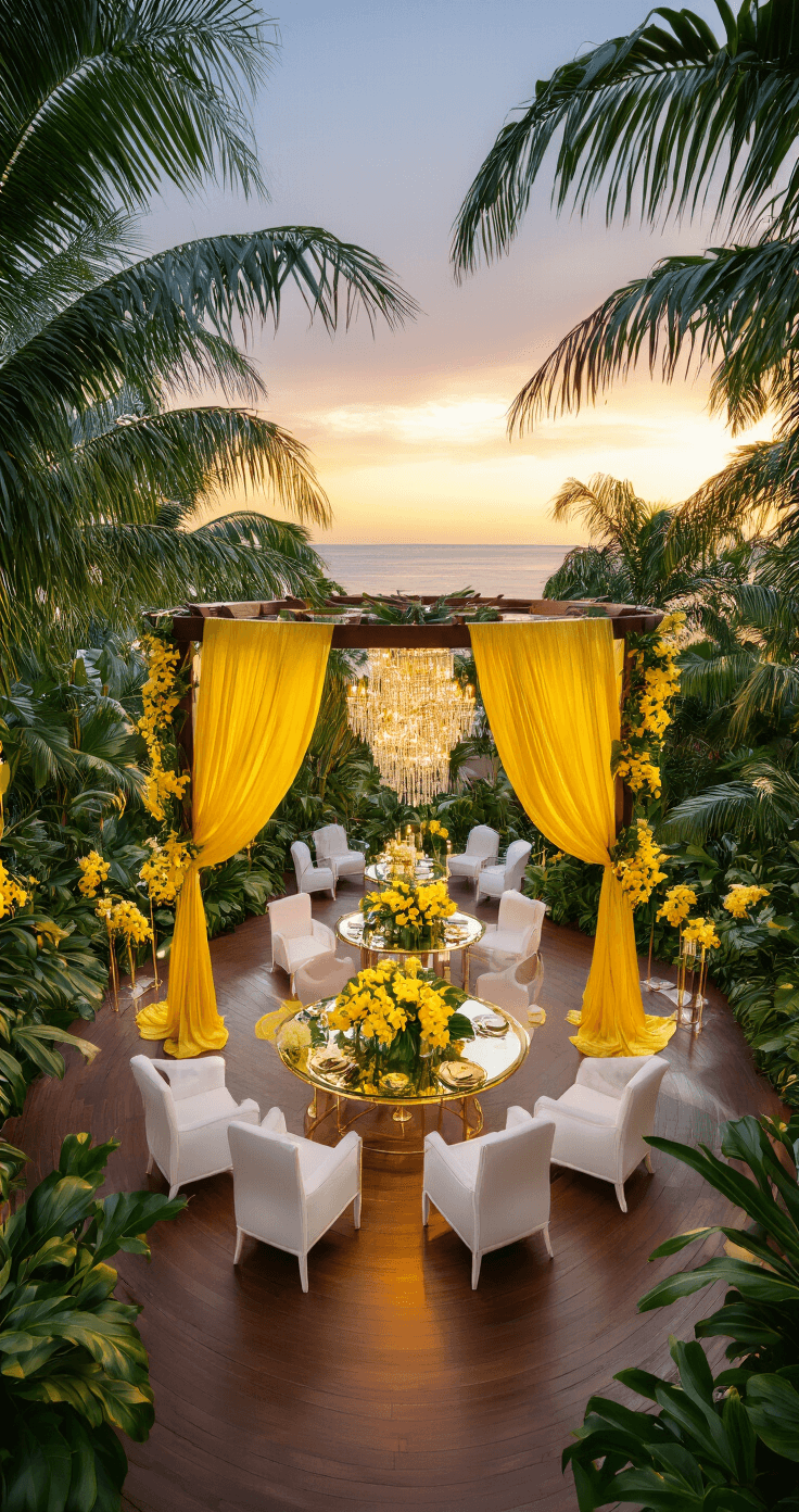 An elevated view of a luxurious circular reception space with emerald green palm fronds framing a yellow silk-draped pergola. White ghost chairs surround gold-rimmed glass tables adorned with tropical arrangements of yellow orchids and monstera leaves. Crystal chandeliers cast warm light on the polished wooden floor, while gauzy white curtains billow gently, enhancing the tropical ambiance at sunset.