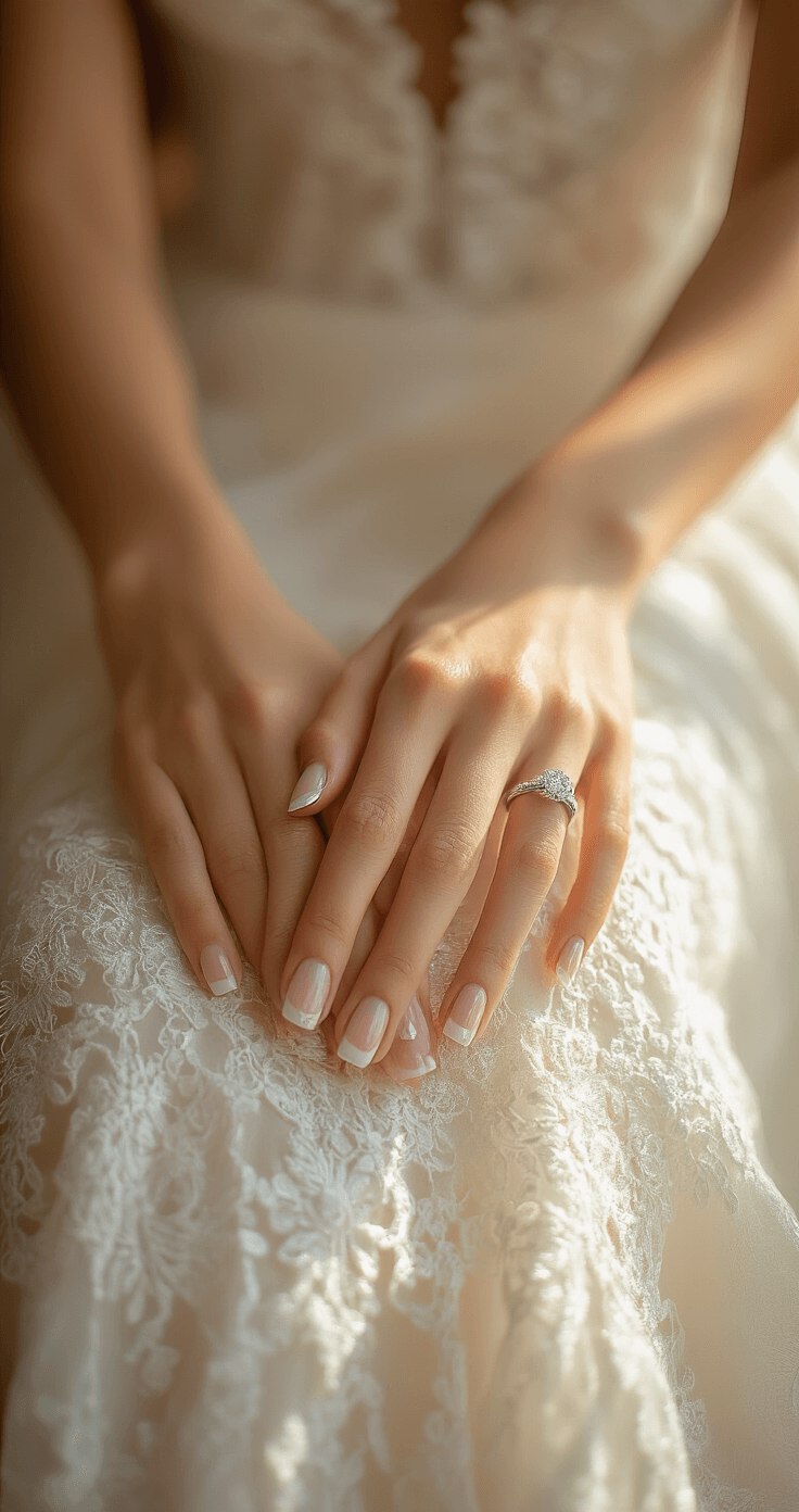 Close-up of a bride's manicured hands with frosted French tips resting on a white lace gown, illuminated by golden hour light streaming through floor-to-ceiling windows, highlighting her engagement ring and capturing the luxurious fabric textures.