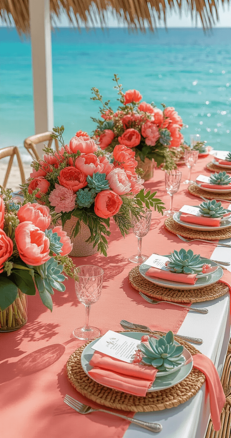 An outdoor dining area featuring coral fabric-dressed tables set against a turquoise ocean backdrop, adorned with mixed-height floral arrangements of coral charm peonies and turquoise succulents. Rattan chargers topped with coral napkins and mother-of-pearl details create a vibrant coastal charm, all captured in natural diffused mid-afternoon light from a 45-degree angle.