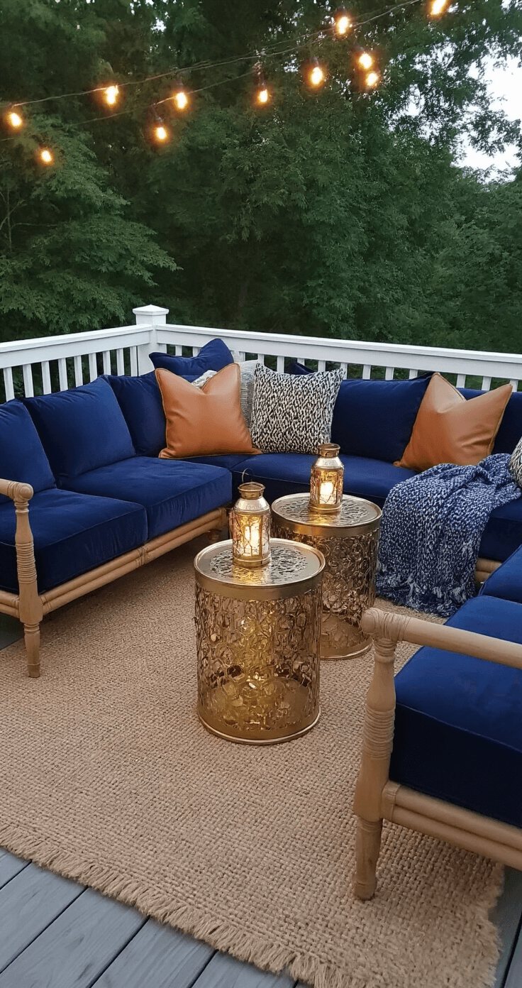 Intimate lounge vignette at dusk featuring navy velvet seating with sandy tan accents, brass side tables with mercury glass lanterns, textured navy throws, and tan leather pillows on a jute rug over a wooden deck, illuminated by overhead string lights, exuding nautical sophistication.