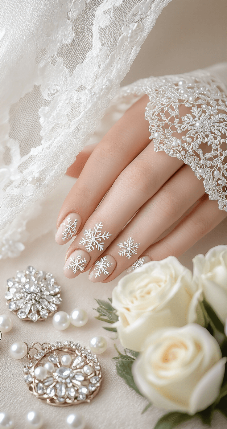 Cozy winter wedding preparation scene featuring a vintage-inspired dressing room with intricate snowflake nail art, soft diffused lighting through lace curtains, scattered pearl hairpins, crystal accessories, and white roses.