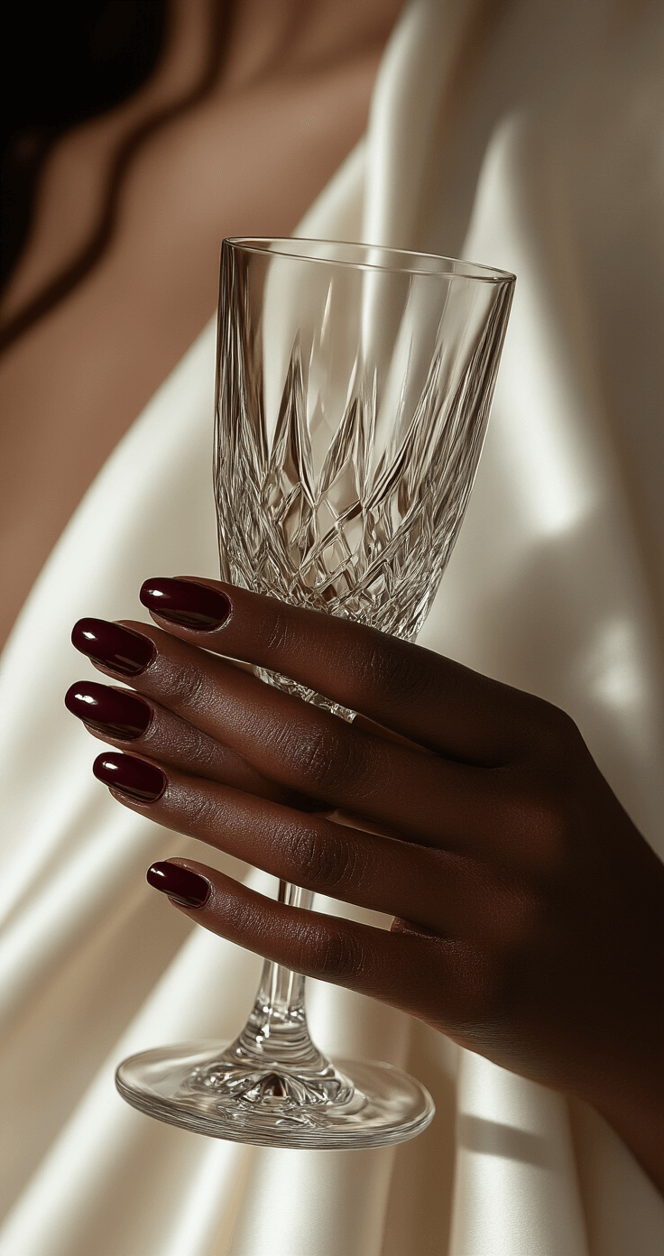 A dramatic evening scene featuring deep burgundy manicured hands holding a crystal champagne glass, with rich jewel-toned nails set against an ivory silk gown backdrop. Moody lighting highlights the glossy nail finish and creates elegant shadows.