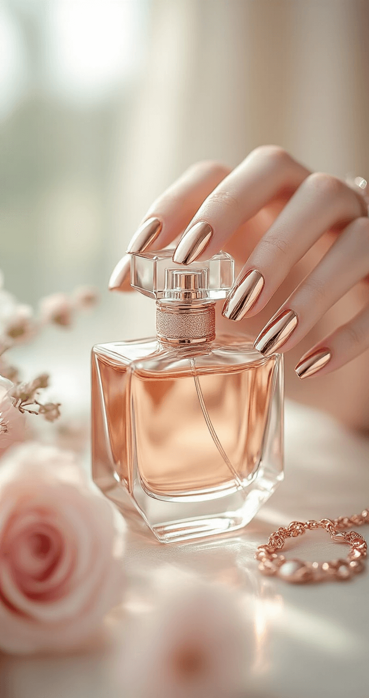 Close-up of rose gold chrome nails gently holding a vintage perfume bottle, styled with rose gold jewelry and blush pink flowers, illuminated by afternoon natural light that accentuates metallic reflections, captured in macro detail.