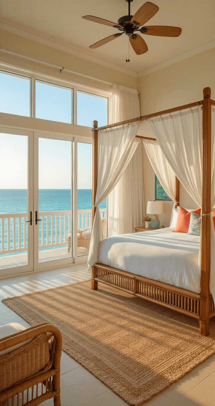 A luxurious oceanfront bridal suite showcasing a four-poster king bed, floor-to-ceiling windows with sheer curtains, rattan furniture, and tropical artwork, all bathed in warm golden light during sunset.