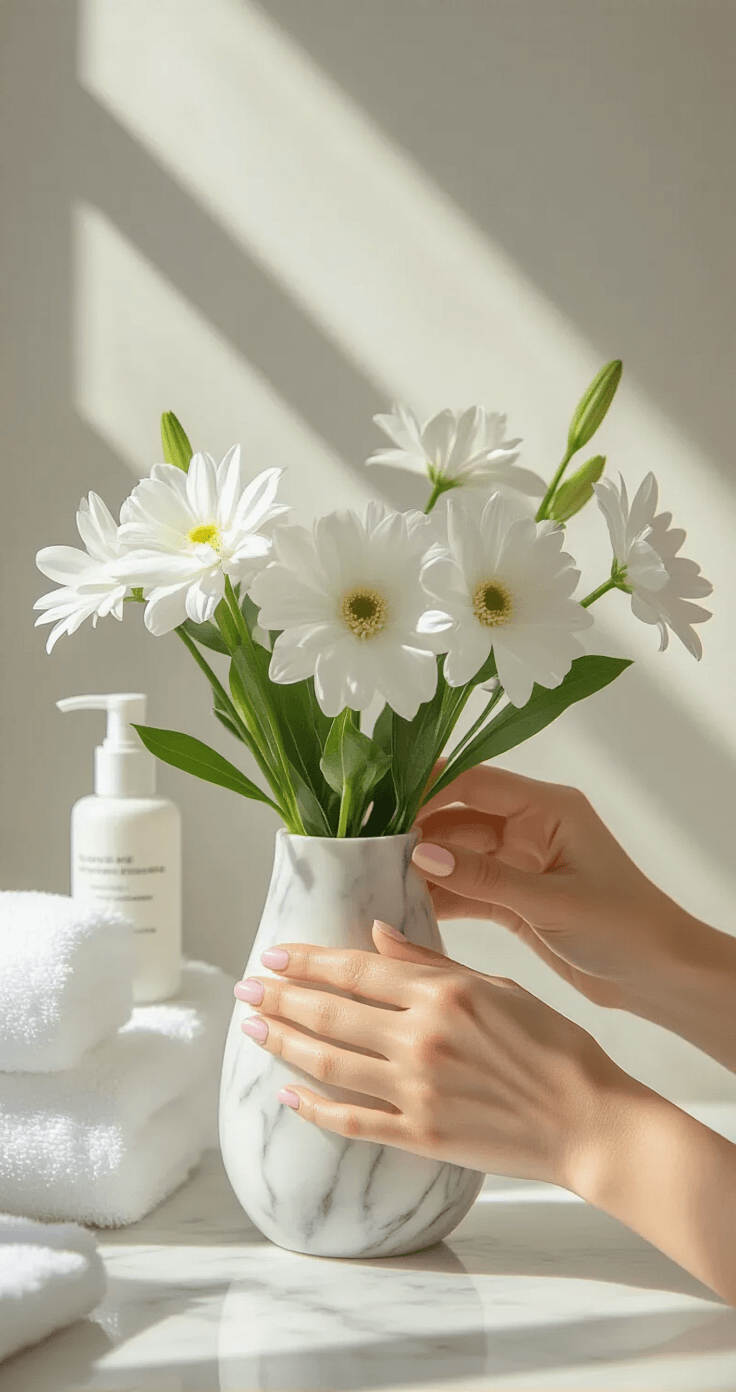 A bright, modern bathroom with a minimalist design, featuring manicured hands applying white flowers in a marble vase, surrounded by premium skincare products and white towels, all bathed in a soft, airy light.