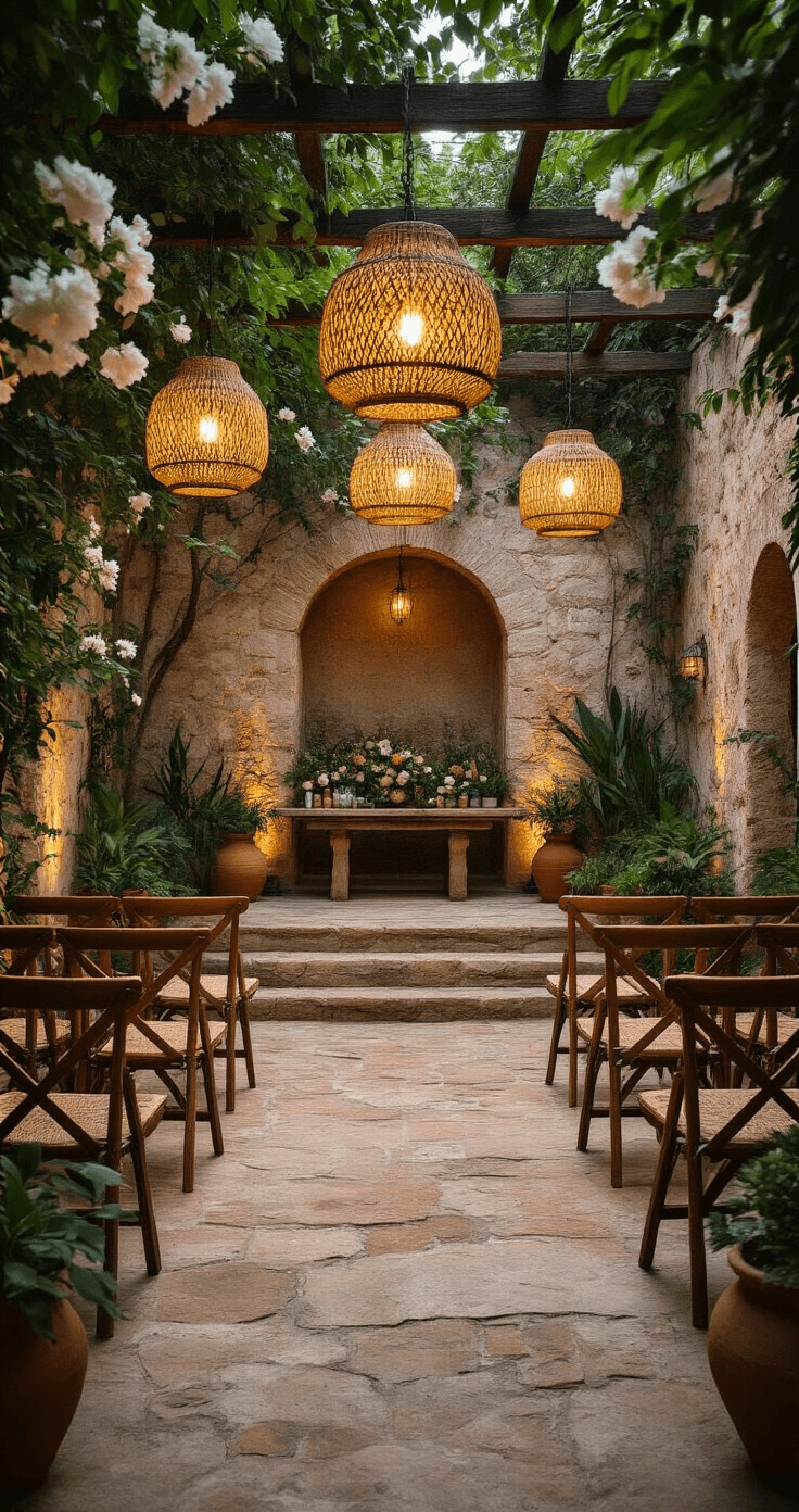 An intimate 15x15ft outdoor ceremony space at blue hour, framed by ancient stone walls, featuring a bohemian altar with hanging rattan lanterns, wooden chairs, lush tropical foliage, and white bougainvillea, accented by terra cotta pots with succulents and colorful Mexican textiles, captured from an elevated position.