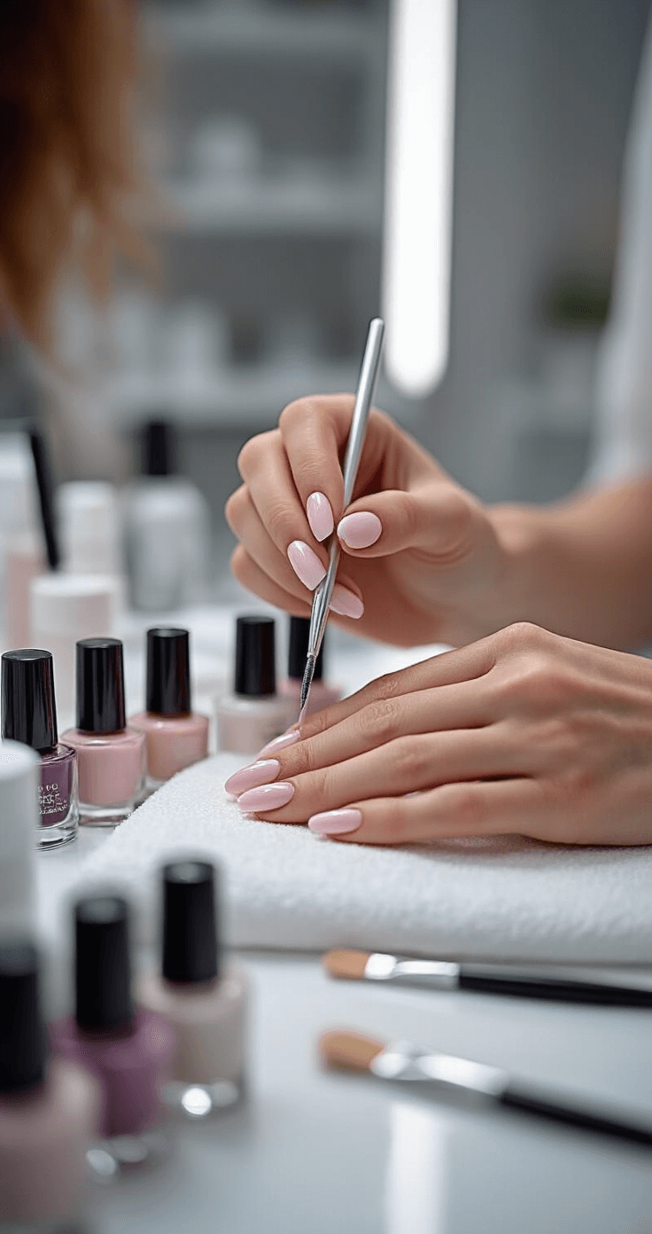Close-up of a professional nail studio showcasing a gel manicure application, with clear focus on precise technique, organized tools, and premium polishes under bright lighting.