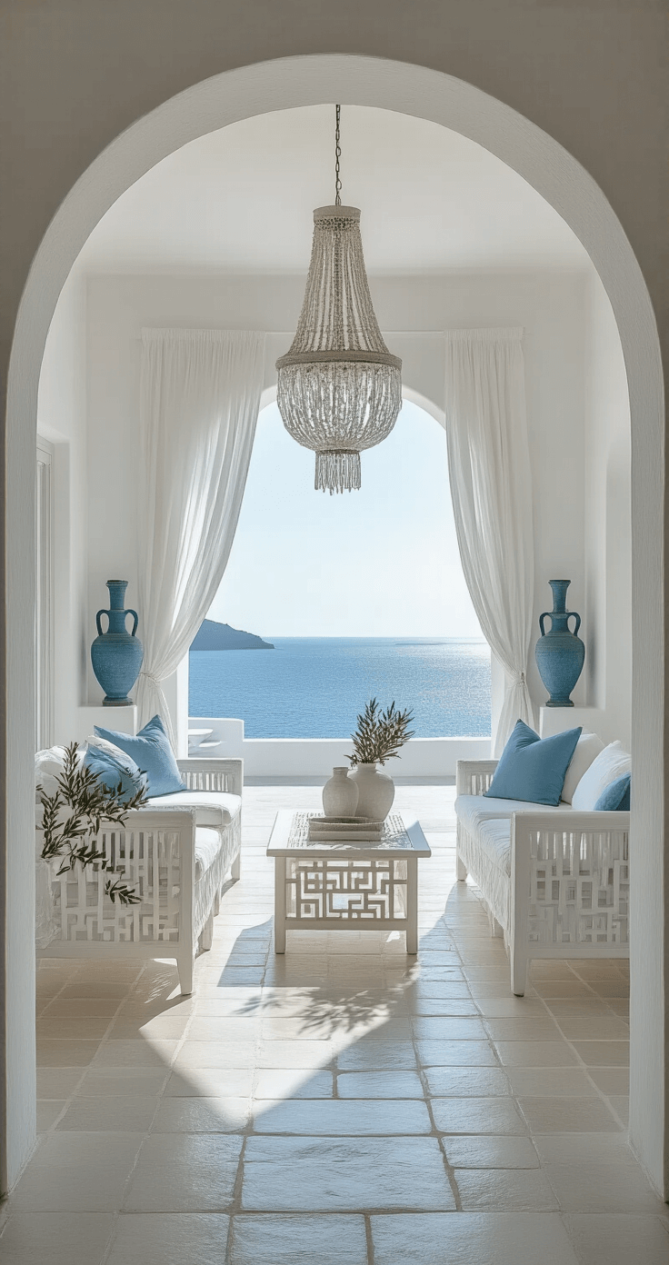 A bright, airy reception space in a Grecian beachfront villa featuring arched doorways with views of the azure sea, minimalist white furniture accented with Aegean blue, ancient amphora displays, olive branches, and natural stone flooring with Greek key patterns, all illuminated by mid-morning light.