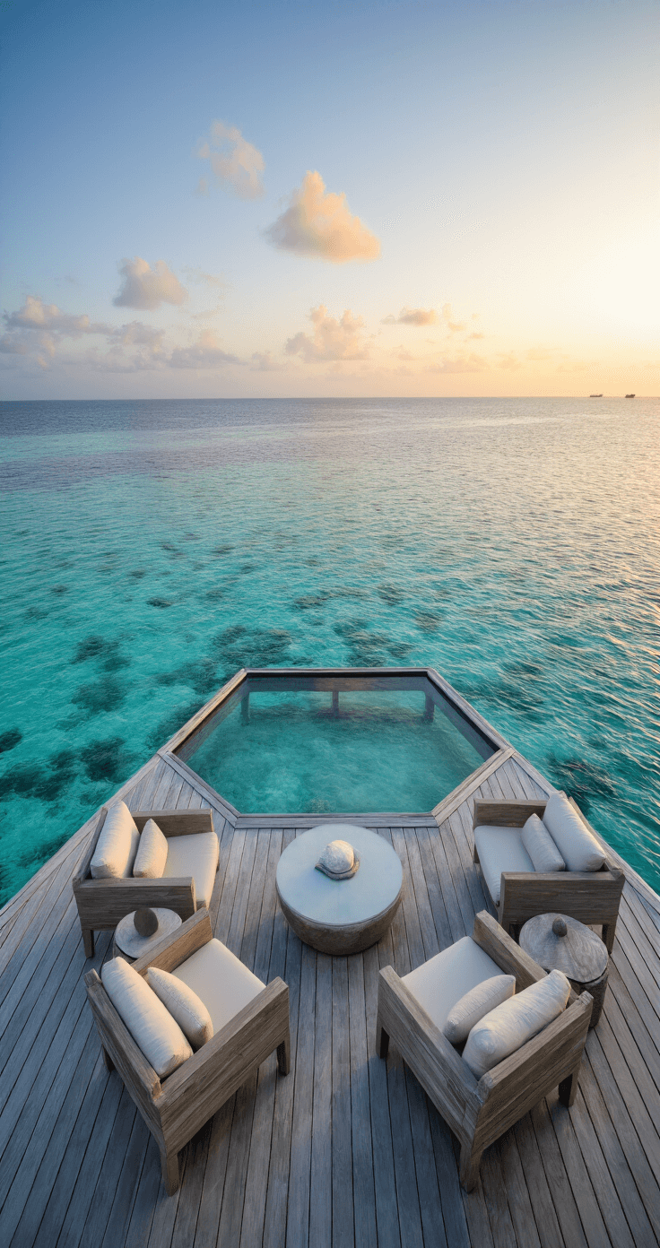 Aerial view of a 25x25ft hexagonal overwater pavilion in the Maldives at dawn, featuring a glass floor revealing turquoise waters, contemporary teak furniture, mother-of-pearl accents, and coral-inspired artwork, surrounded by soft morning light and a serene color palette of aqua, cream, and silver.