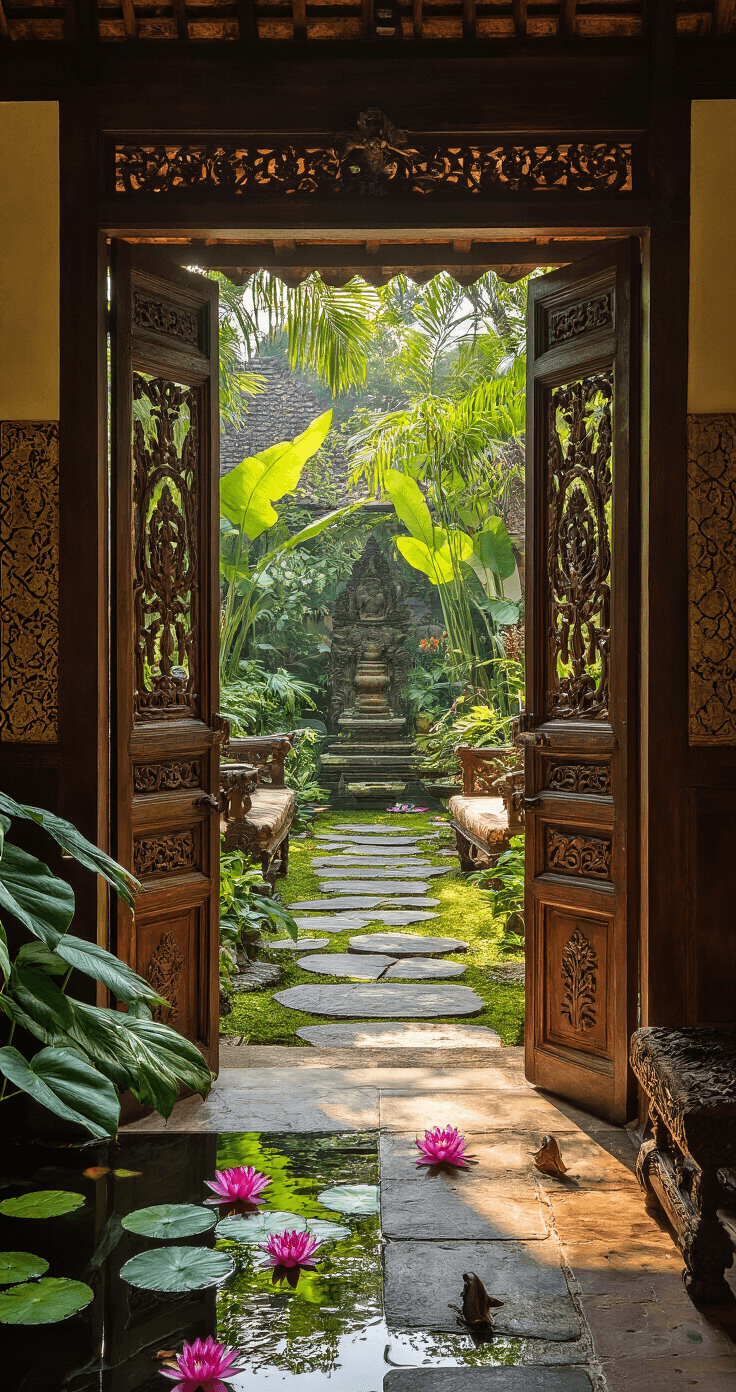 A serene Balinese garden sanctuary featuring traditional carved wooden doors, stone pathways, and lush tropical plants, with antique Indonesian furniture and bronze sculptures. Koi ponds adorned with floating lotus flowers are framed by a rich color scheme of emerald, deep brown, and gold, captured during golden hour with dappled light enhancing the mystical atmosphere.