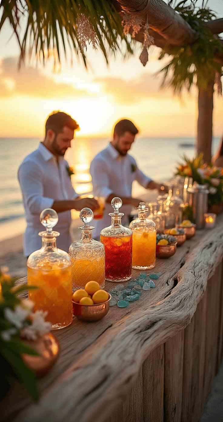 A luxurious beachfront wedding cocktail station at golden hour, featuring an 8-foot driftwood bar with sea glass and coral accents, crystal decanters of jewel-toned cocktails, and fresh citrus garnishes in hammered copper vessels, seen from a low angle with bartenders in white linens preparing drinks against a softly lit ocean backdrop.