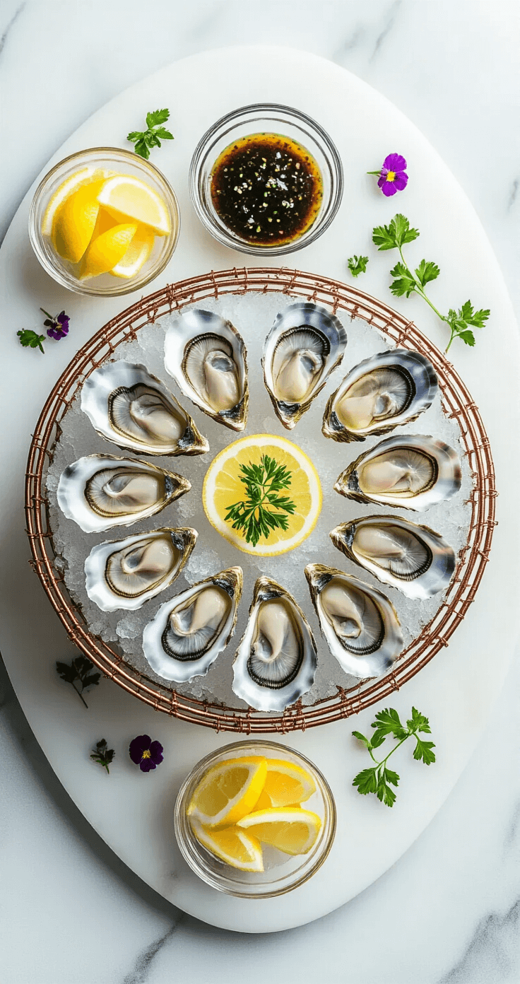 Aerial view of an elevated seafood raw bar featuring fresh oysters on crushed ice, complemented by copper wire baskets of lemon wedges and crystal bowls of mignonette sauce, all set on a white marble counter atop a weathered teak stand, with scattered herbs and edible flowers adding color under natural daylight.