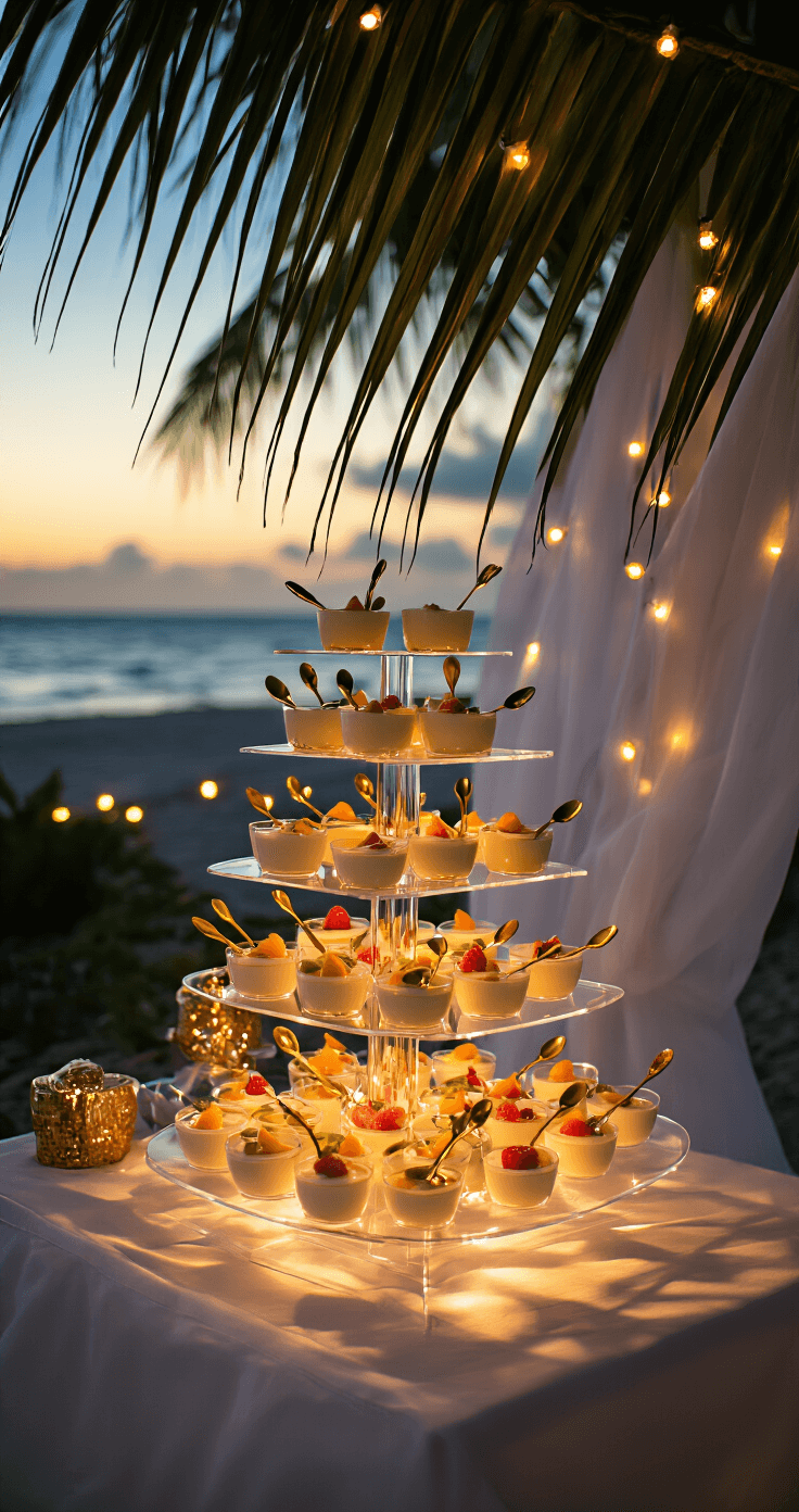 An intimate dessert display featuring tiered acrylic stands with individual fruit panna cotta shooters and gold spoons, set in a beach tent at dusk. The scene is illuminated by LED up-lighting casting shadows through palm fronds, framed by white gauzy fabric panels and twinkling fairy lights in the background.