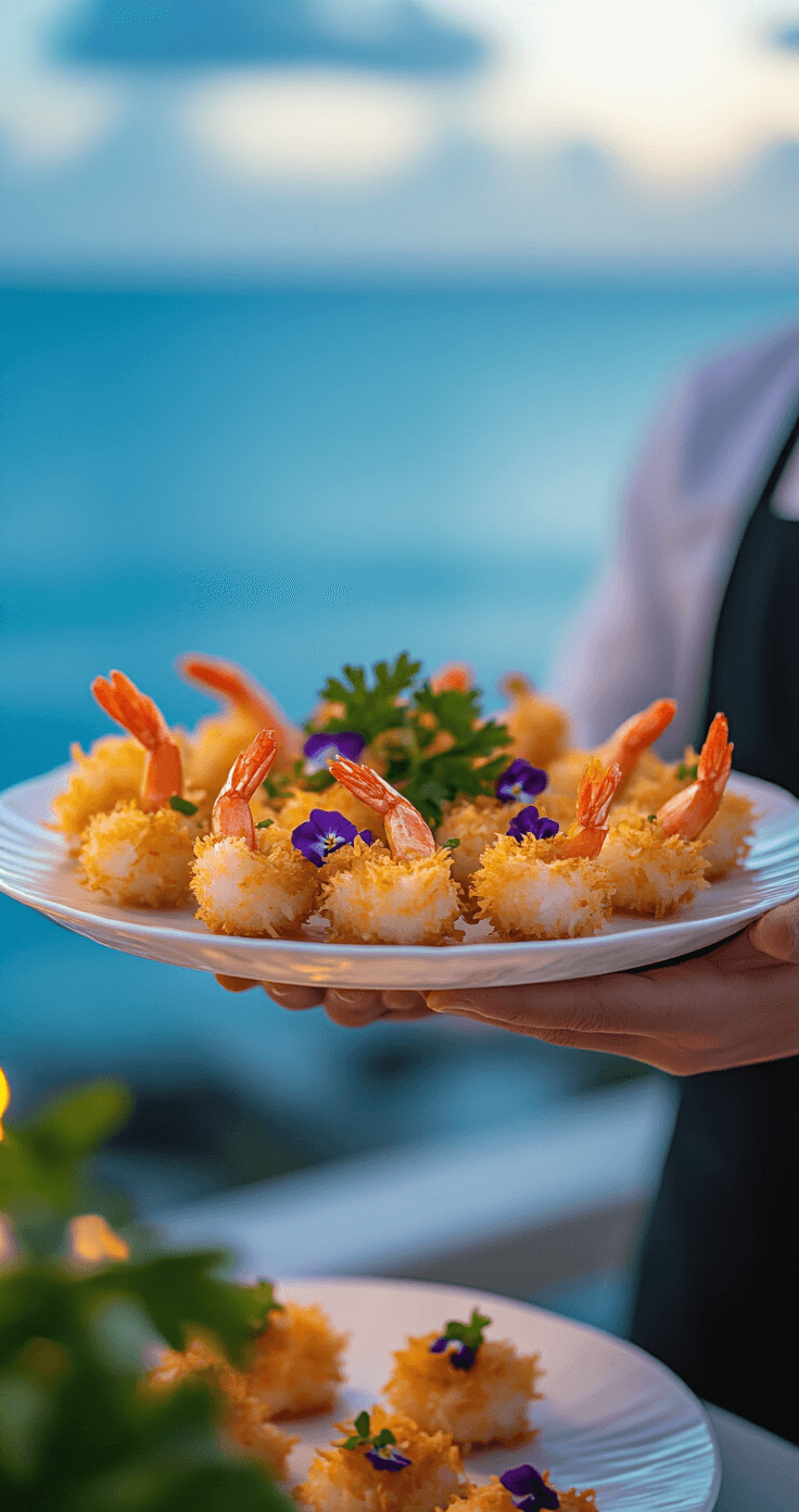 Elegant appetizer scene featuring a server presenting a mother of pearl tray of coconut shrimp, garnished with fresh herbs and edible flowers, against a blurred ocean backdrop during blue hour, shot at f/2.8 for shallow depth of field with soft fill light highlighting the texture of the coconut crust.