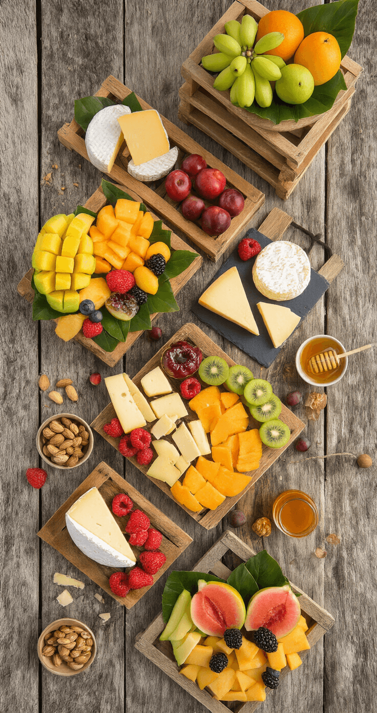A vibrant sunset fruit and cheese grazing station displayed on a weathered wood table, featuring varied height levels with wooden crates, tropical fruit platters on ceramic tiles, local artisanal cheeses on slate boards, scattered nuts, and honey drizzlers, captured from a slightly elevated angle with warm directional lighting highlighting the textures.