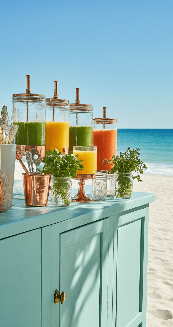 A beachside mocktail bar featuring clear glass dispensers filled with vibrant fresh-pressed juices, copper muddlers, and vintage glassware on a pale aqua cabinet. Mason jars with fresh herb garnishes are displayed, with a soft natural light illuminating the scene. The ocean horizon line is visible through the glassware, with a white sandy beach in the foreground.