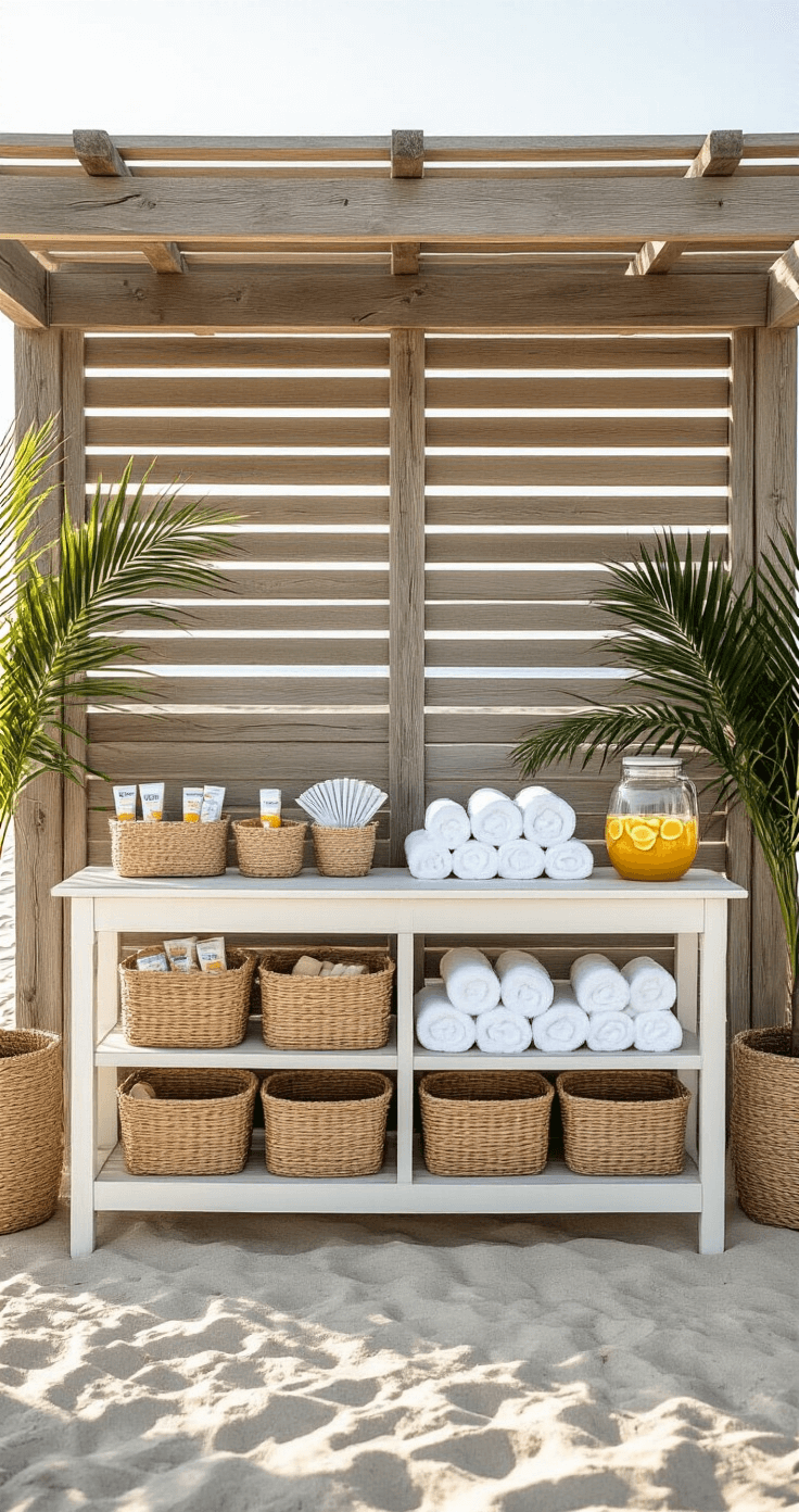 A cozy coastal comfort station featuring a weathered wood pergola on sandy beach, with organized baskets of sunscreen and towels, a glass beverage dispenser, and potted palm fronds, all bathed in soft afternoon light.