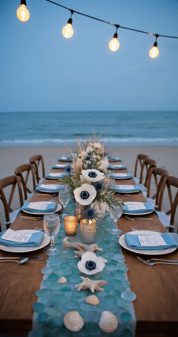 An elegant ocean-inspired reception table set for 10 on an 8-foot farmhouse table, adorned with a sea glass runner, mercury glass votives, and centerpieces of white anemones and blue thistle, against a dusky beach backdrop. Each place setting features mother-of-pearl chargers, pale blue linen napkins, and shell place cards, all enhanced by warm string lighting in a natural twilight setting.