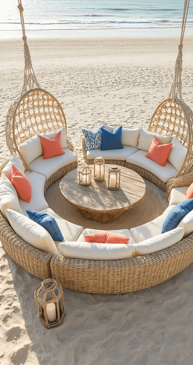 Circular arrangement of low-profile rattan seating with cream cushions and blue-coral throw pillows around a driftwood coffee table, surrounded by lanterns with LED candles in the sand and flanked by macramé hanging chairs, captured in late afternoon light creating long shadows.