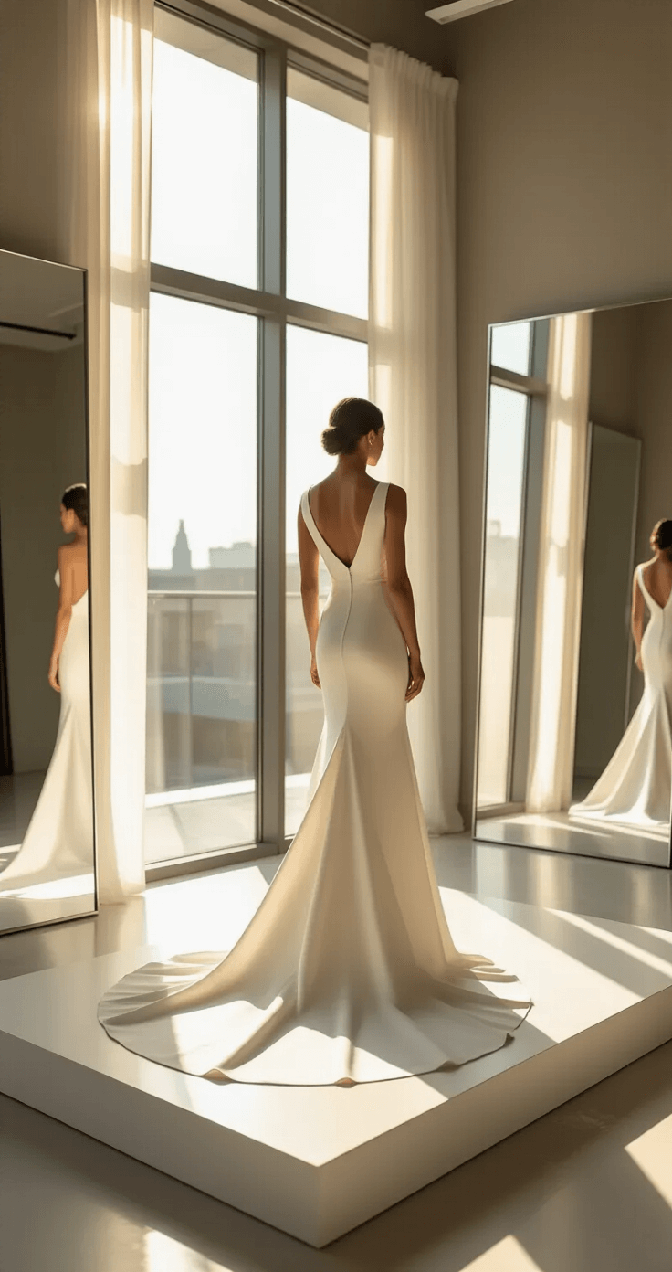 A bride in a minimalist ivory crepe wedding dress with architectural pleating stands on a raised platform in a sunlit bridal boutique, with golden light casting natural shadows on the dress amidst modern chrome fixtures and large mirrors.