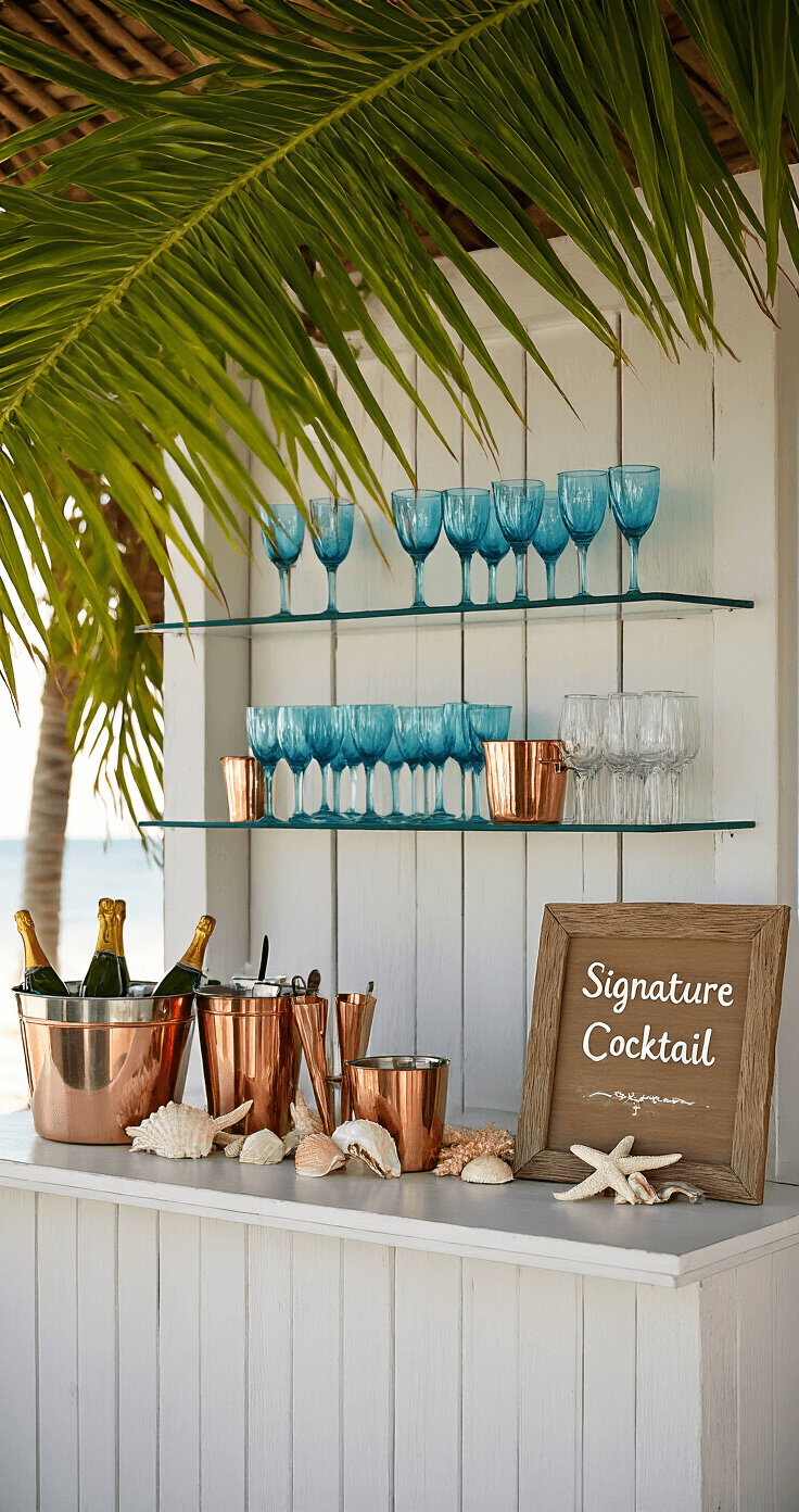 A seaside bar setup featuring a 10-foot whitewashed wooden bar, a palm frond backdrop, ocean-blue glassware on glass shelves, champagne-filled ice buckets adorned with seashells and starfish, and a signature cocktail sign in a driftwood frame, all captured with warm afternoon lighting and a shallow depth of field focused on the garnish station.