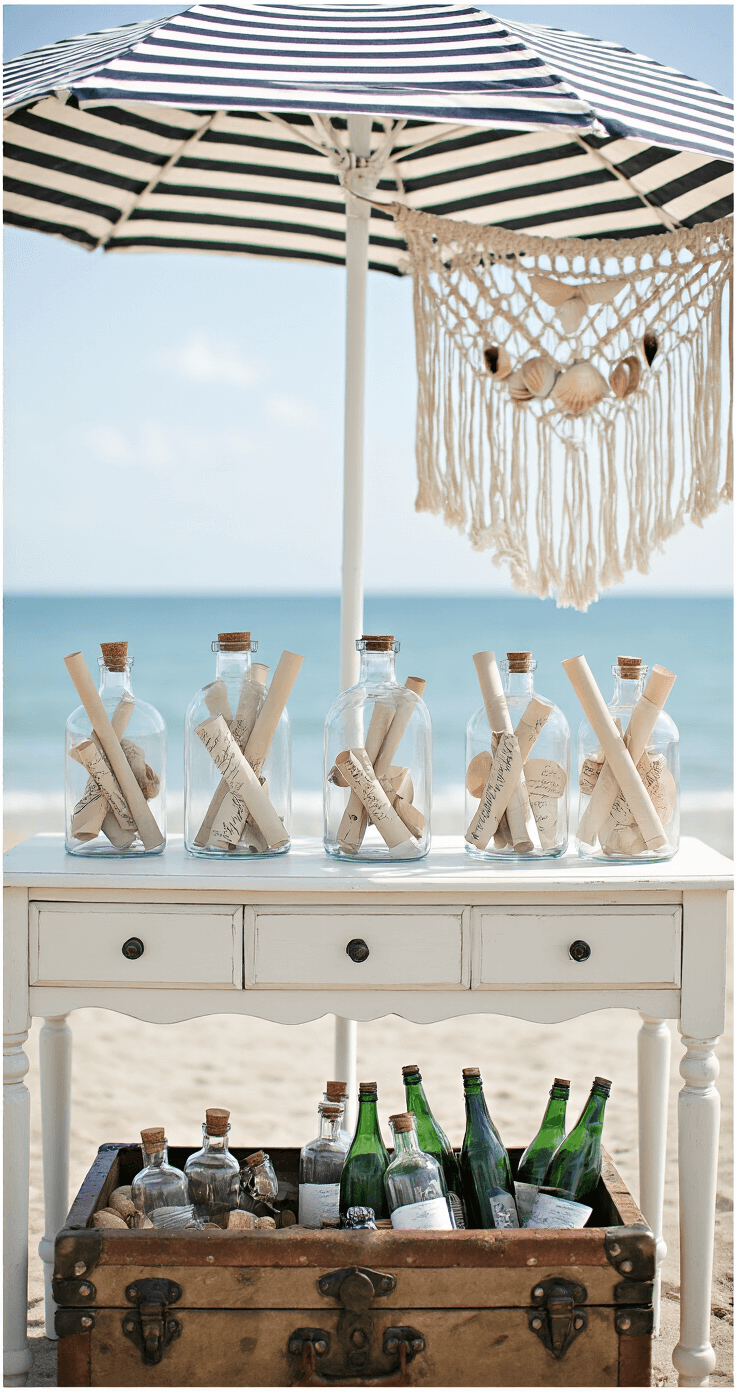 A vintage white desk under a striped market umbrella, featuring clear glass vessels holding rolled paper and calligraphy pens, alongside a weathered trunk filled with empty bottles and cork stoppers, with a macramé wall hanging and shells in the background, all captured from a guest's perspective with a blurred ocean backdrop in natural diffused lighting.