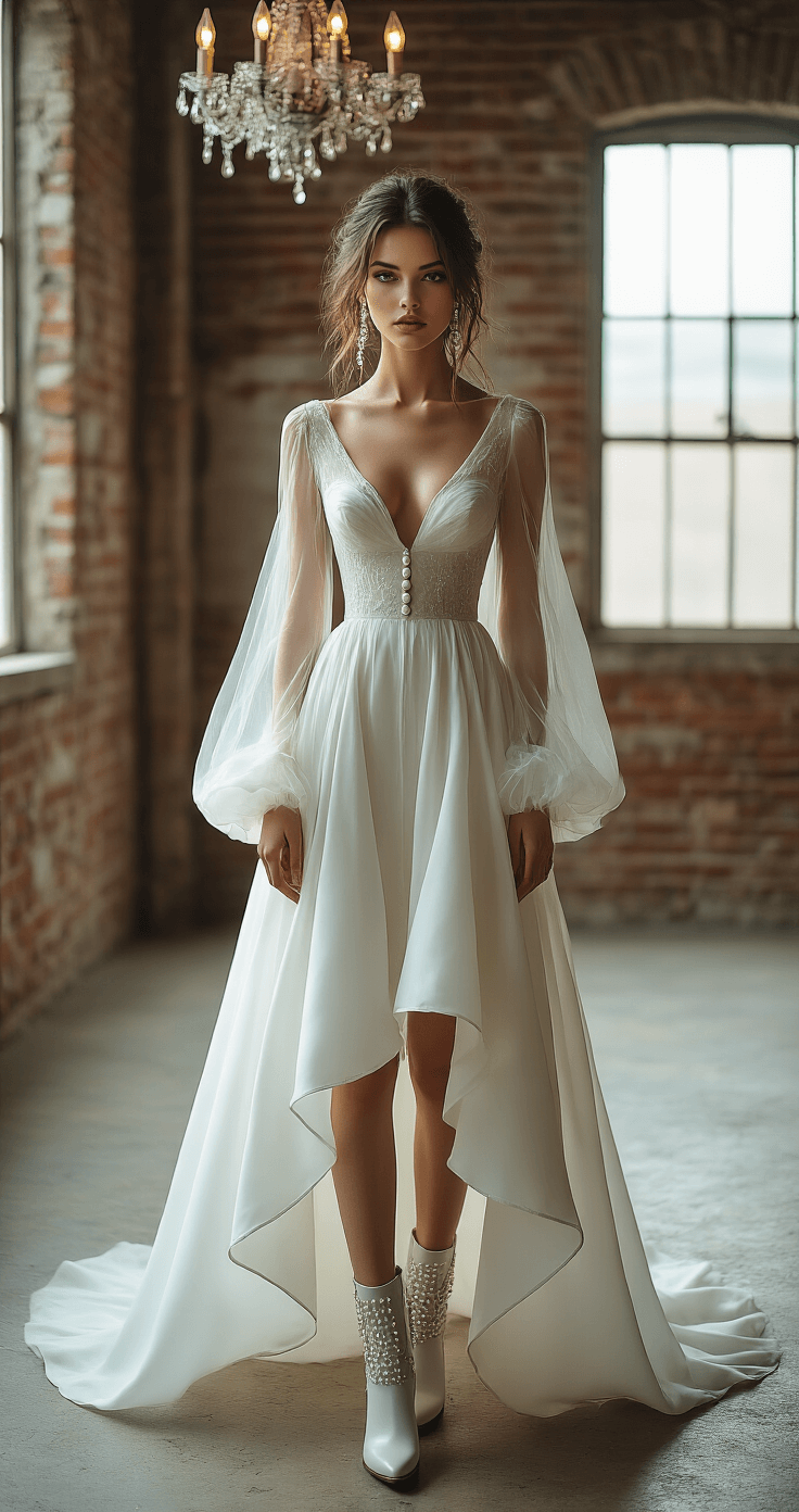 A bride in a statement-sleeve gown with transparent organza and pearl buttons poses in an industrial-chic loft with exposed brick walls, vintage chandeliers, and dramatic side lighting, highlighting her modern pearl-studded boots beneath a high-low hem.