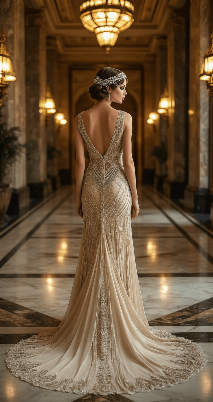 A glamorous model in a vintage gown with intricate beadwork stands in an art deco hotel lobby, showcasing marble floors and geometric gold accents. The warm lighting accentuates the gown’s champagne and silver tones, highlighted by a 1920s pearl and crystal headpiece. The wide-angle shot captures the grandeur of the architecture and the elegant details of the dress.