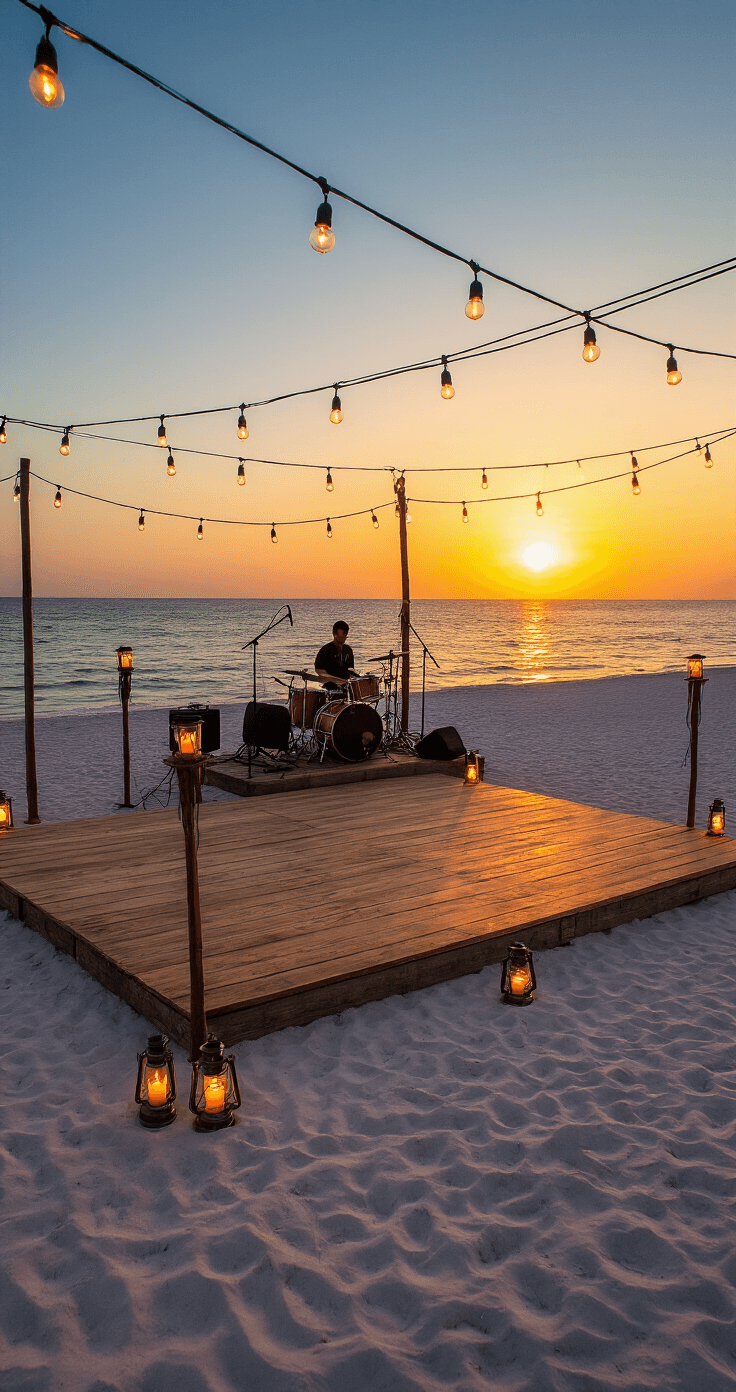 Aerial view of a 20x20 foot wooden dance floor on sand, surrounded by tiki torches and market lights, with hurricane lanterns providing ambient lighting, a live band on a rustic stage, all illuminated by sunset glow and artificial lights against a cool evening sky.