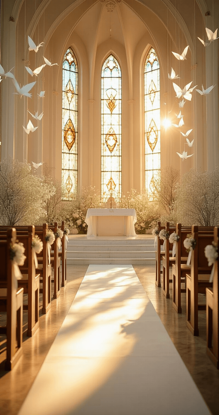 A dreamy cathedral-style wedding ceremony space, featuring warm golden hour sunlight streaming through stained glass windows, illuminating a white marble aisle. Delicate paper cranes and crystal teardrops hang above wooden pews adorned with baby's breath and ivory ribbons, while the altar boasts cascading white orchids and brass terrariums. Vintage brass music stands hold sheet music for 'Here Comes the Sun'.