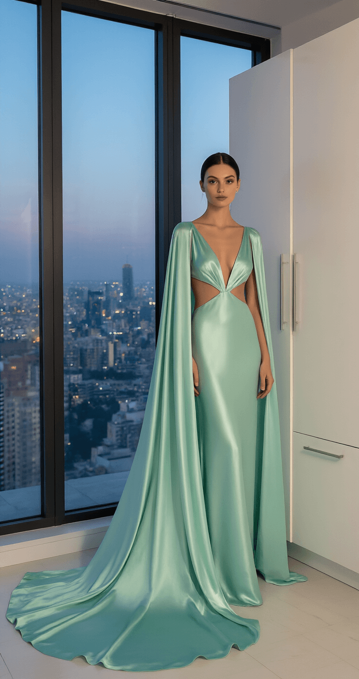A bride in a mint green silk slip dress with modern cut-outs and a dramatic cape overlay stands against a custom-built white wardrobe in a minimalist bridal suite, featuring floor-to-ceiling windows that showcase a cityscape at dusk. Soft evening light casts gentle shadows, enhancing the dress's lustrous fabric in an intimate, documentary-style shot.