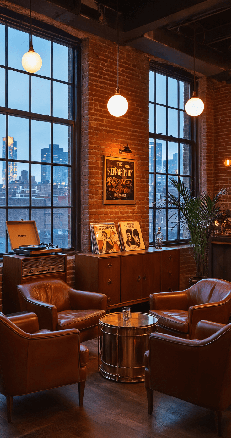 Intimate cocktail lounge at dusk featuring exposed brick walls, industrial windows, and mid-century modern cognac leather armchairs arranged around brass drum tables, with a vintage record player and Beatles vinyl collection on a teak credenza, amber uplighting, and globe pendant lights at varying heights, showcasing cool-toned city lights outside.