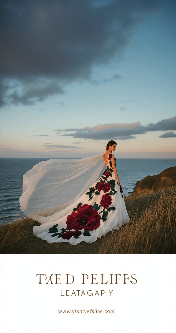 A bride in a modern floral gown with deep burgundy and forest green appliqués stands on a seaside cliff at golden hour, her sheer cape billowing in the wind against a moody ocean backdrop and dramatic clouds, shot from below to highlight movement and scale.