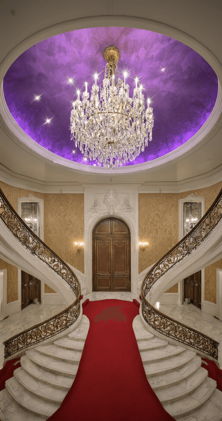 Elevated view of a grand ballroom featuring a 50ft ceiling with a crystal chandelier, purple and gold uplighting on textured wallpaper, a curved marble staircase with brass railings, and a red carpet runner leading to ornate double doors, all enhanced by professional lighting creating a starburst effect on the chandelier.