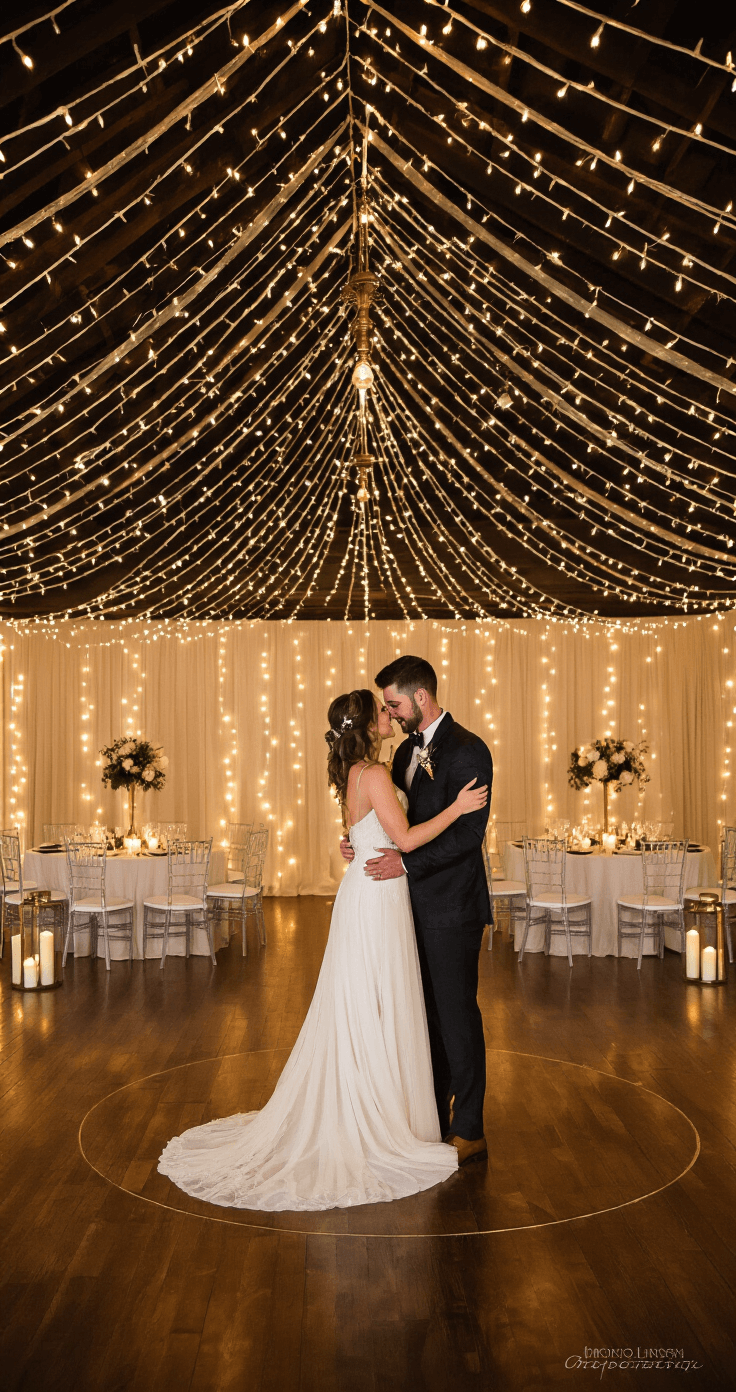 Intimate first dance setting on a circular dance floor adorned with 1000 warm white fairy lights overhead, surrounded by ghost chairs and ivory pillar candles, reflecting on dark hardwood floors, illuminated by vintage brass spotlights for an ethereal ambiance in warm golden tones.