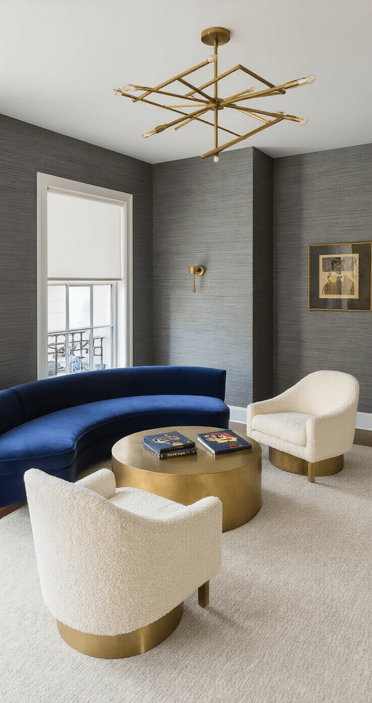 A modern reception lounge featuring a velvet curved sofa in deep navy, cream bouclé brass-framed chairs, and a sculptural coffee table holding leather-bound Beatles songbooks, all set against slate grey grasscloth wallpaper and illuminated by moody evening lighting and a geometric brass ceiling fixture.