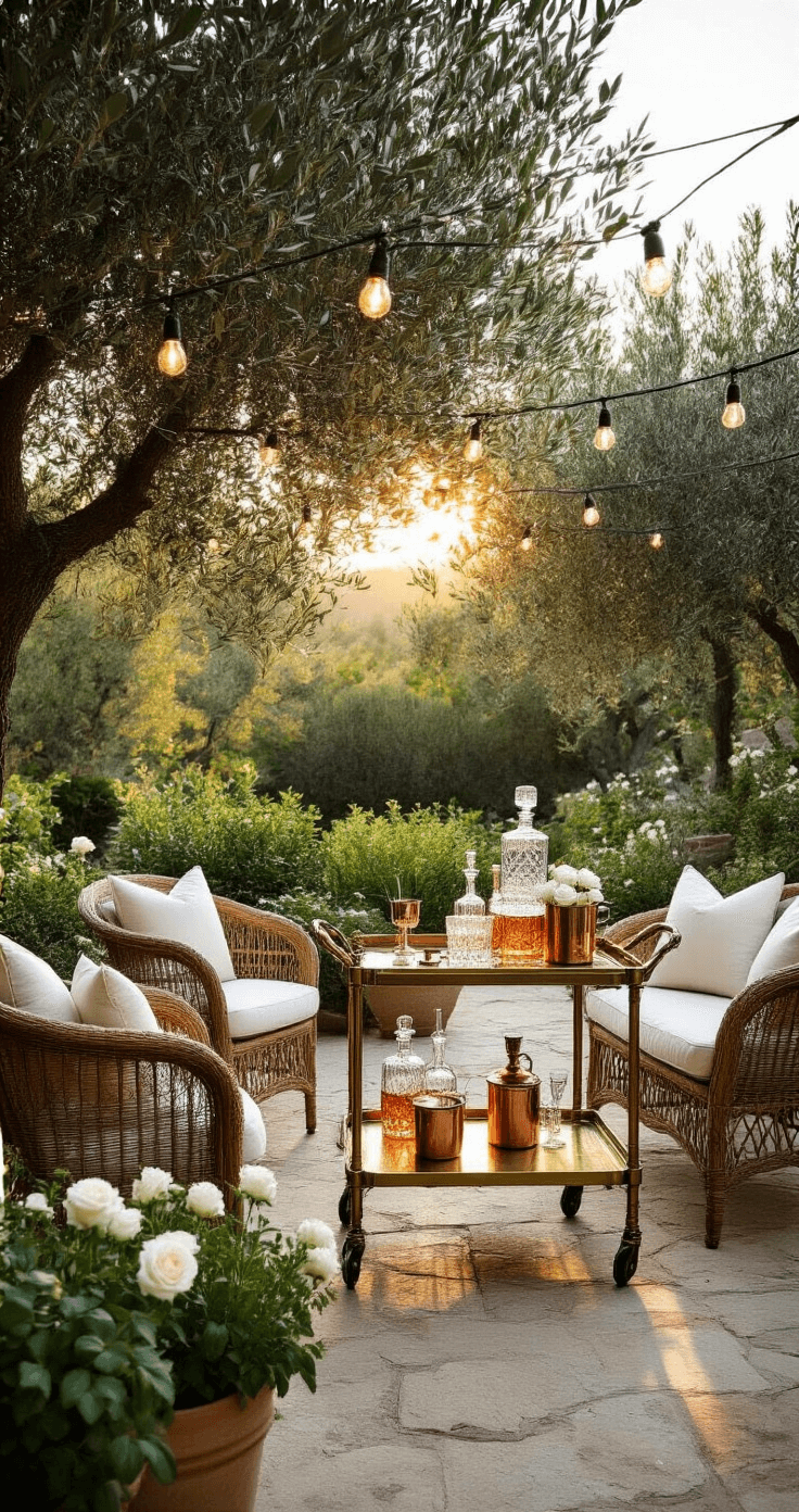 A beautifully styled garden cocktail setup at magic hour, featuring a vintage brass bar cart adorned with crystal decanters and copper mixing tools on a stone terrace, with bistro lights strung between olive trees, clustered seating areas with rattan peacock chairs and ivory cushions, and potted herbs and white garden roses in copper planters, all bathed in golden light.
