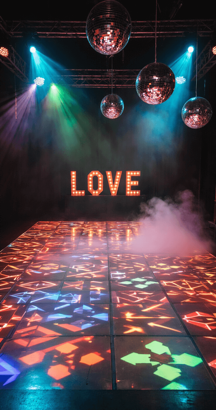 A vibrant dance floor scene with geometric LED patterns, suspended mirror balls casting dynamic lights, and a smoke machine creating haze. Colorful beams from professional stage lighting enhance the atmosphere, while vintage 'LOVE' marquee letters adorn the back wall. The camera captures the energy of the crowd from above.