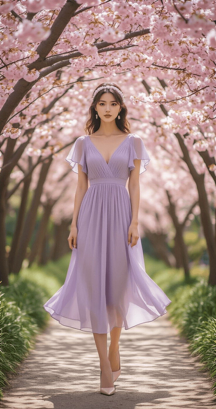 WHAT TO WEAR AS A WEDDING GUEST: YOUR ULTIMATE WEDDING GUEST DRESS A model in a midi-length lavender chiffon dress with flutter sleeves stands in a cherry blossom garden, illuminated by soft, dappled sunlight filtering through the trees. She wears nude pointed-toe pumps and a pearl-embellished headband, with blooming cherry blossoms creating a picturesque spring setting.